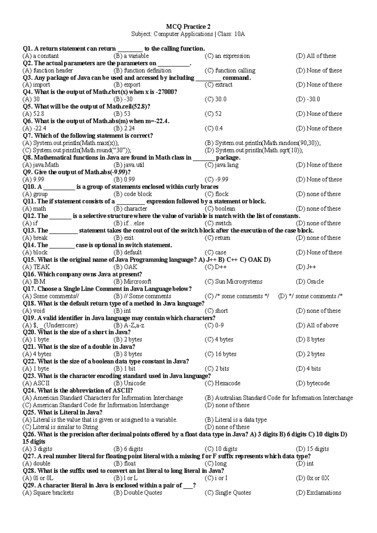 MCQ Practice 2 - Computer Applications Class 10A - Studocu