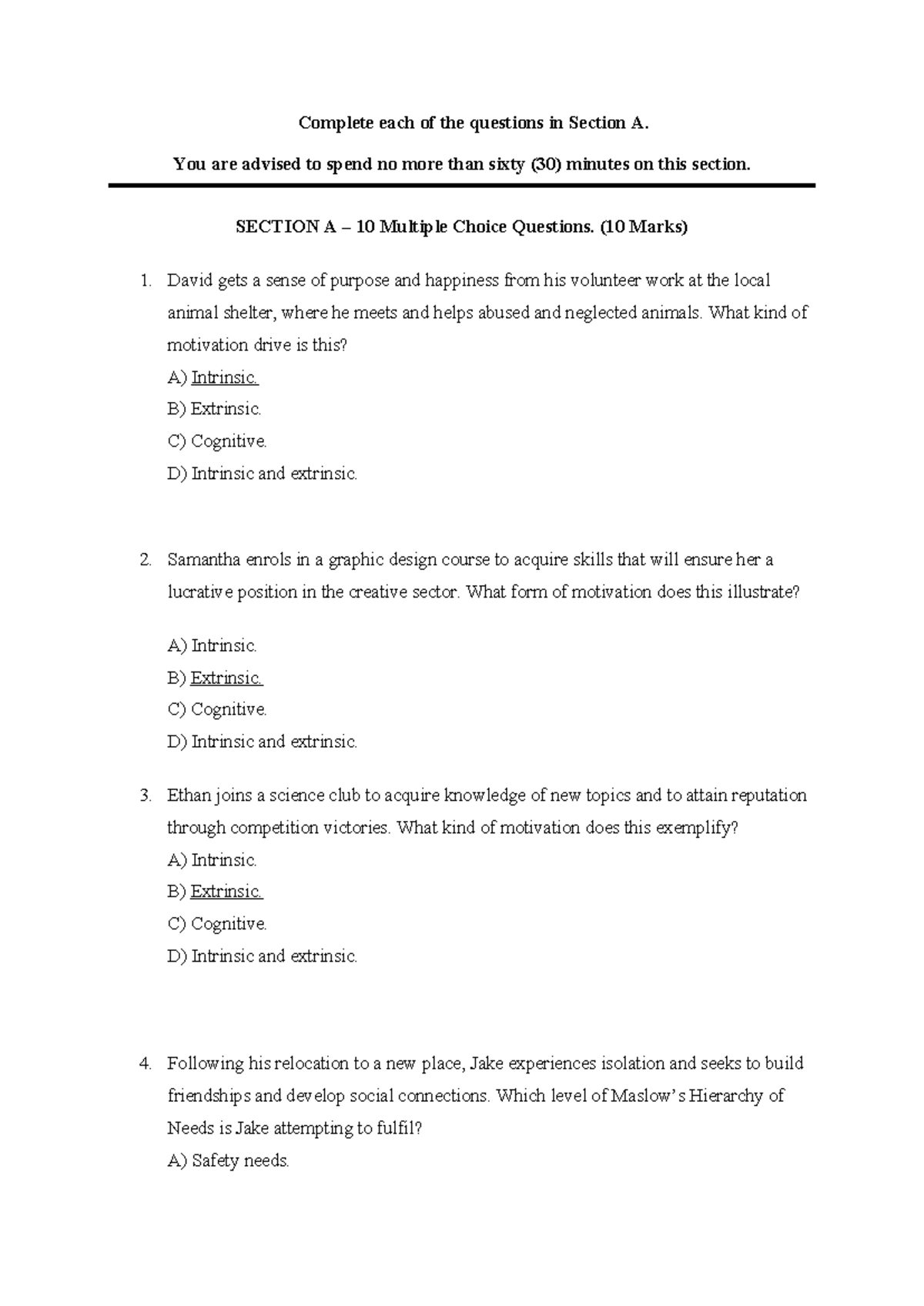 Pre-Test - Section A & B: Motivation and Leadership Concepts - Studocu
