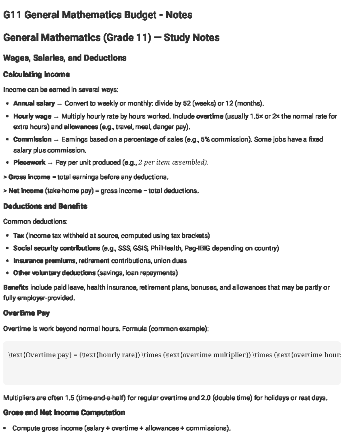 G11 General Mathematics Budget Notes: Income, Deductions & Sequences ...