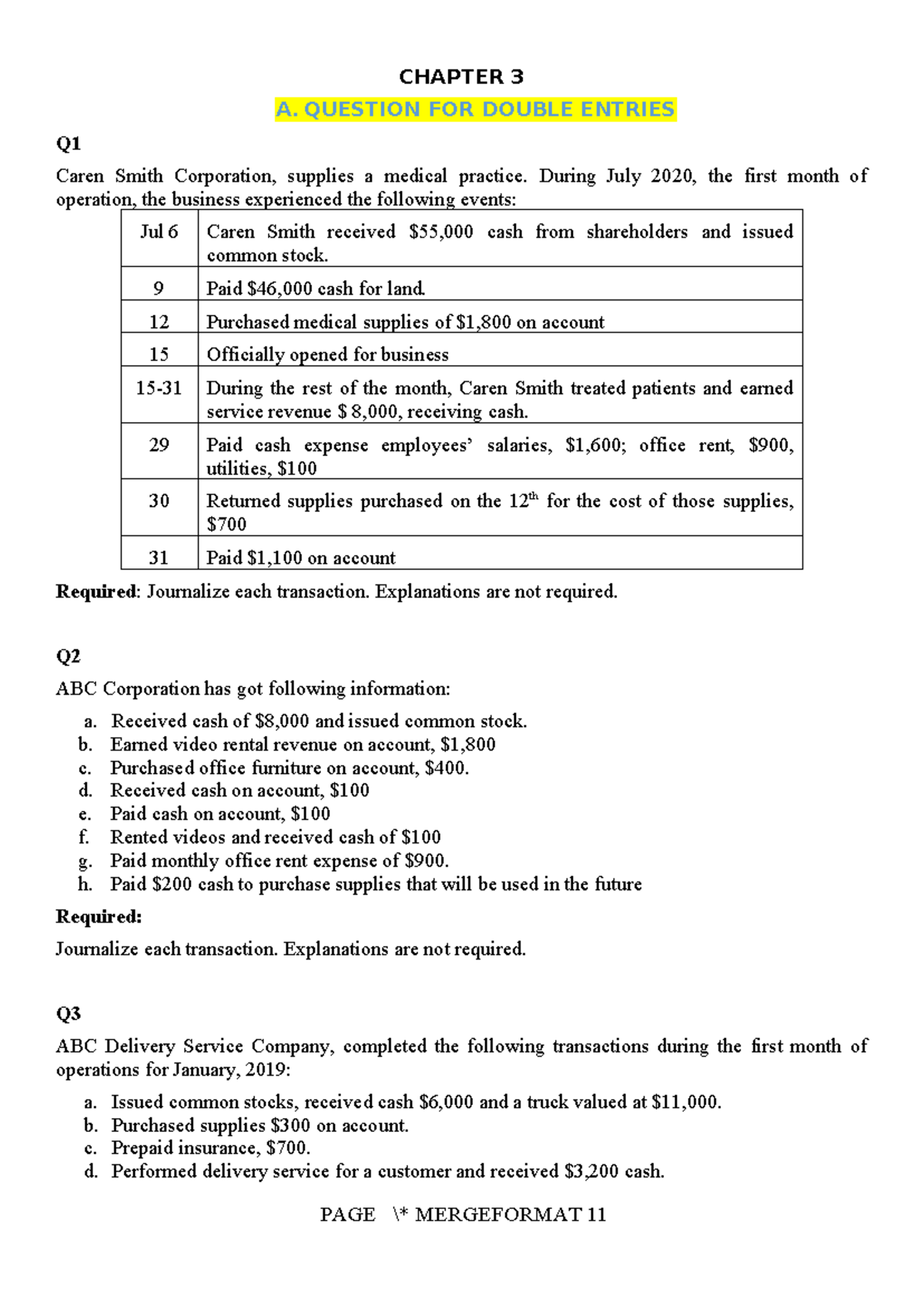 CHAPTER 3 QUESTIONS FOR DOUBLE ENTRIES - 2024 - Studocu