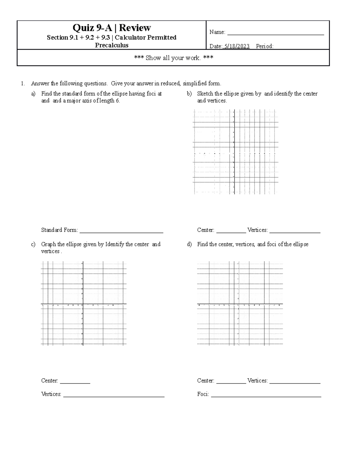 Precalculus Quiz 9-A Review: Sections 9.1 to 9.3 Exam Guide - Studocu