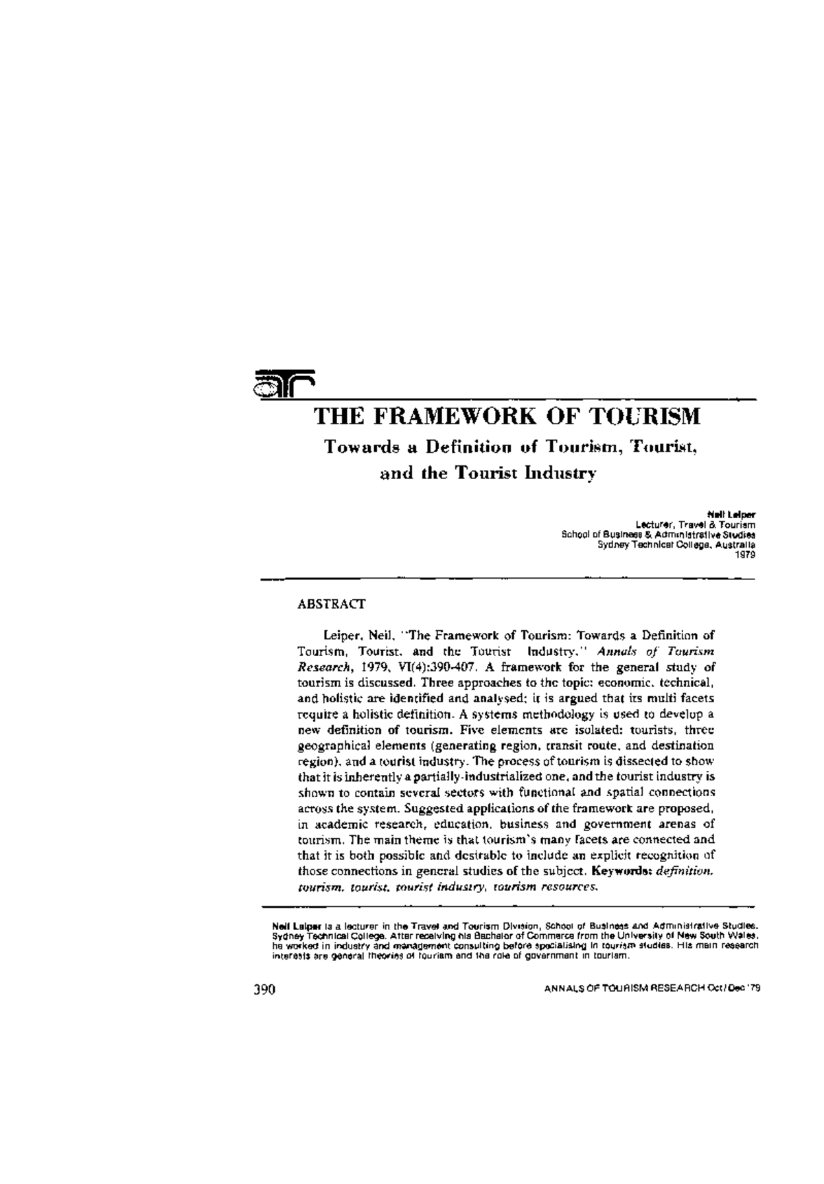 Leiper's Framework of Tourism: Defining the Tourist Industry - Studocu