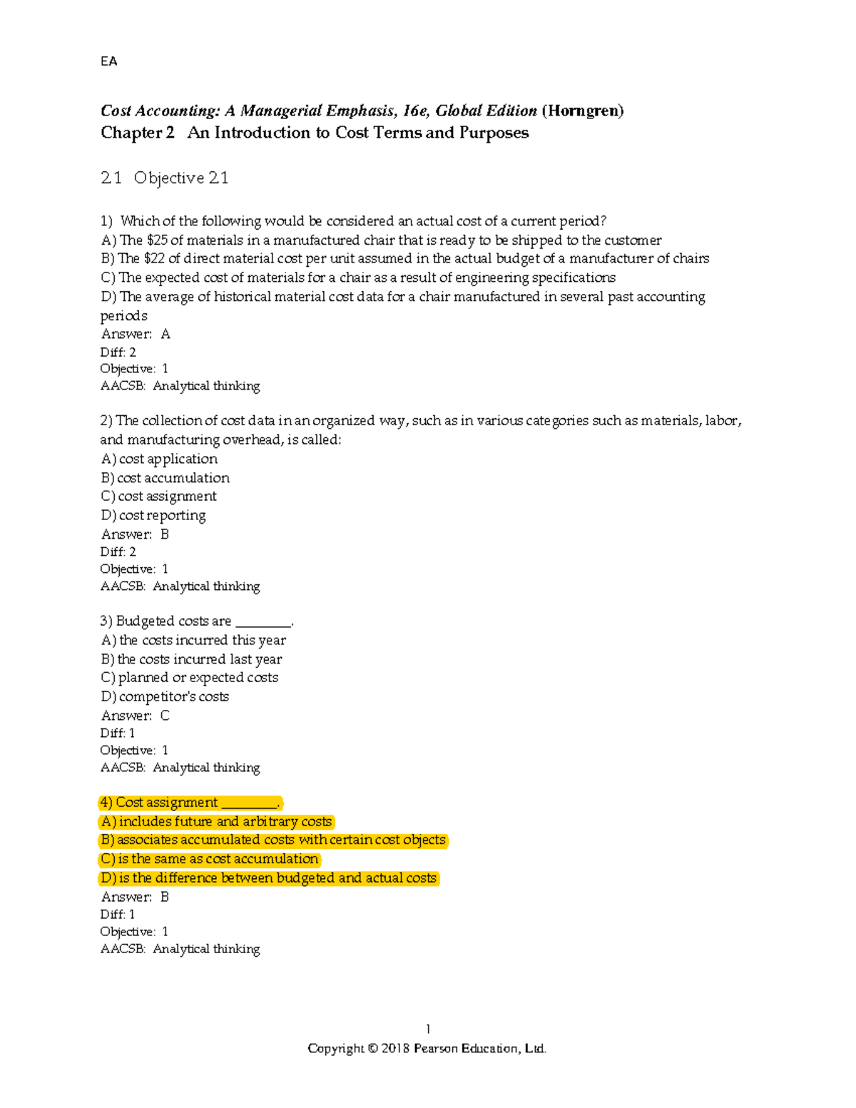 Test bank chapter 2 an introduction to cost terms and purposes - 1 Cost ...