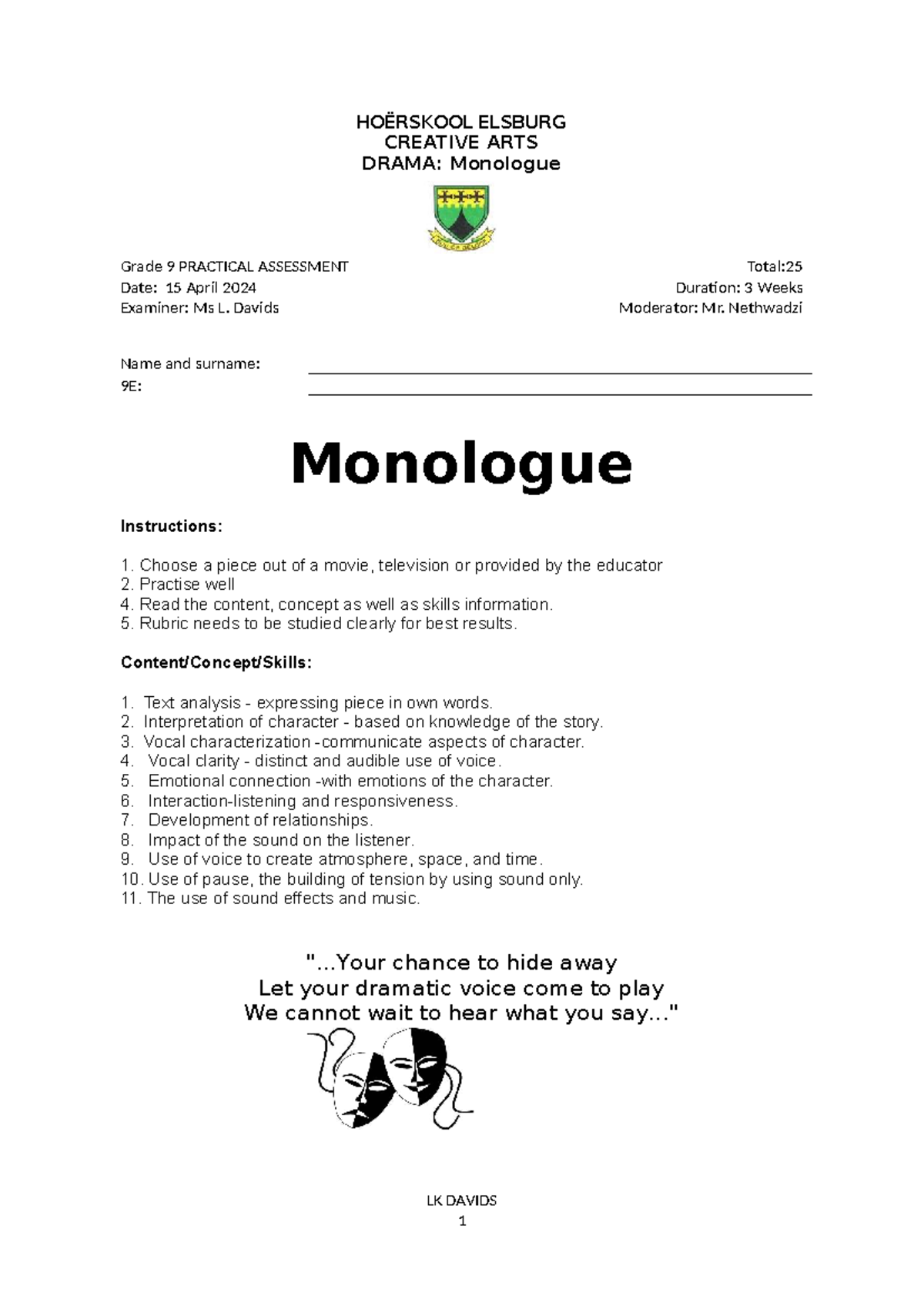 Drama Assignment 2024 T2: Grade 9 Monologue Practical Assessment Guide ...