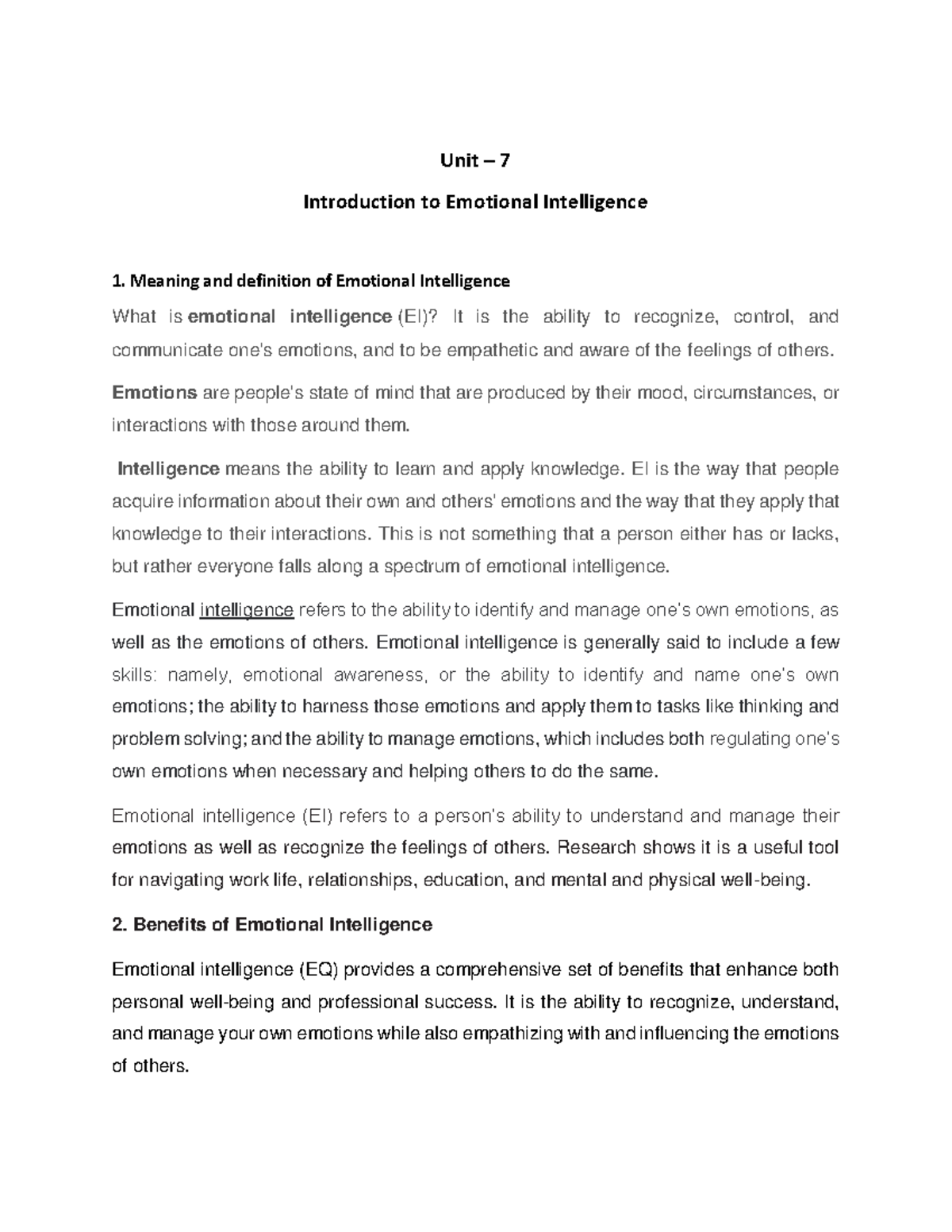 Unit 7: Understanding Emotional Intelligence and Its Benefits - Studocu