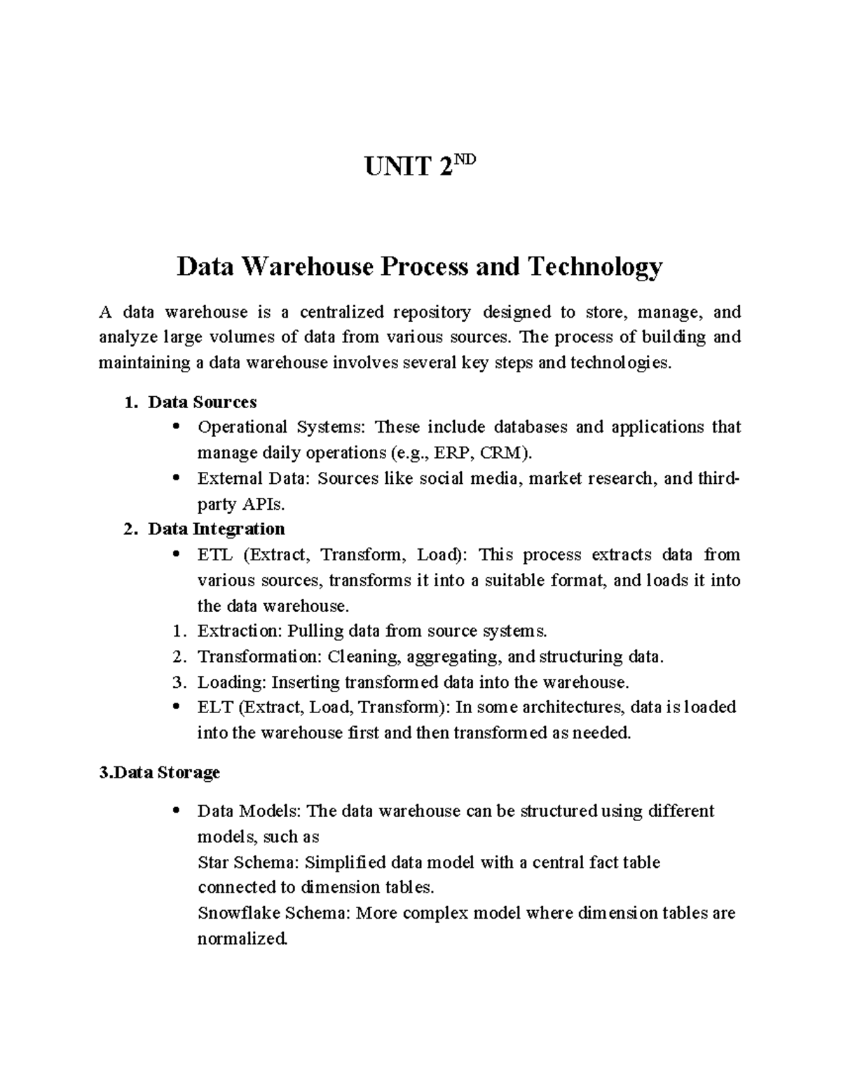 UNIT 2 ND - Data Warehouse Processes and Technologies Overview - Studocu