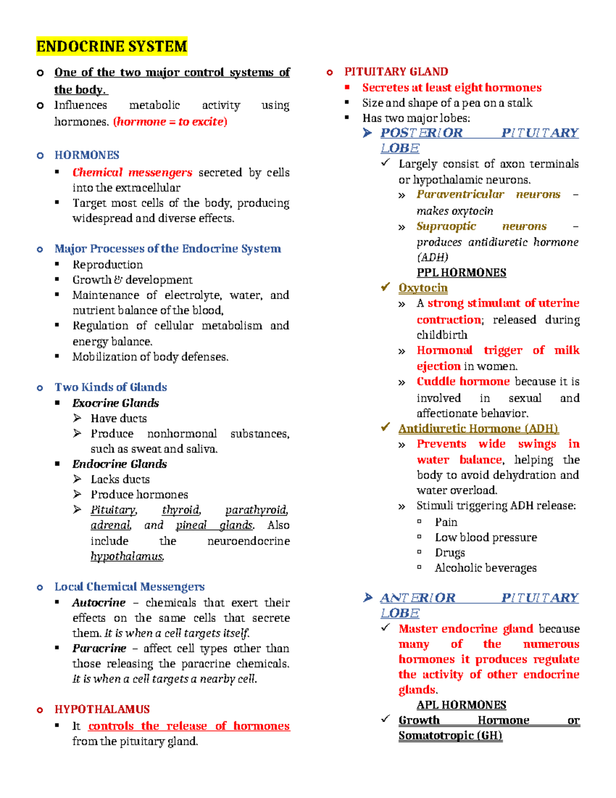Anaphy Final Exam: Overview of the Endocrine System and Hormones - Studocu