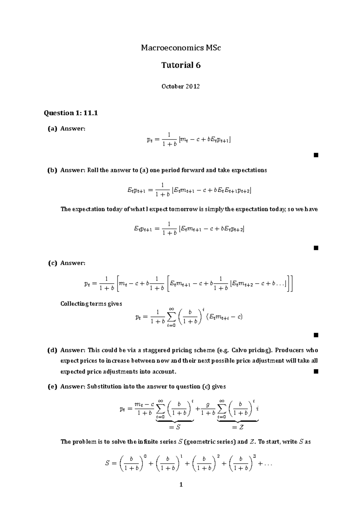 Macroeconomics MSc Tutorial 6 Answers - Key Concepts and Solutions ...