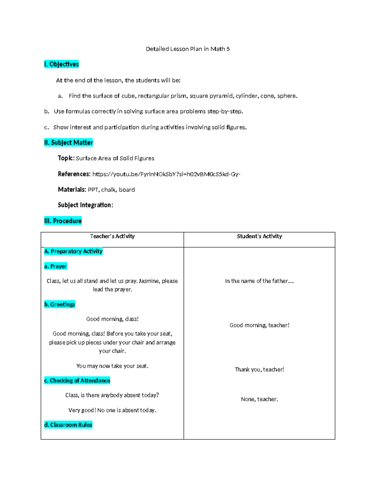 Math 5 Detailed Lesson Plan: Surface Area of Solid Figures - Studocu