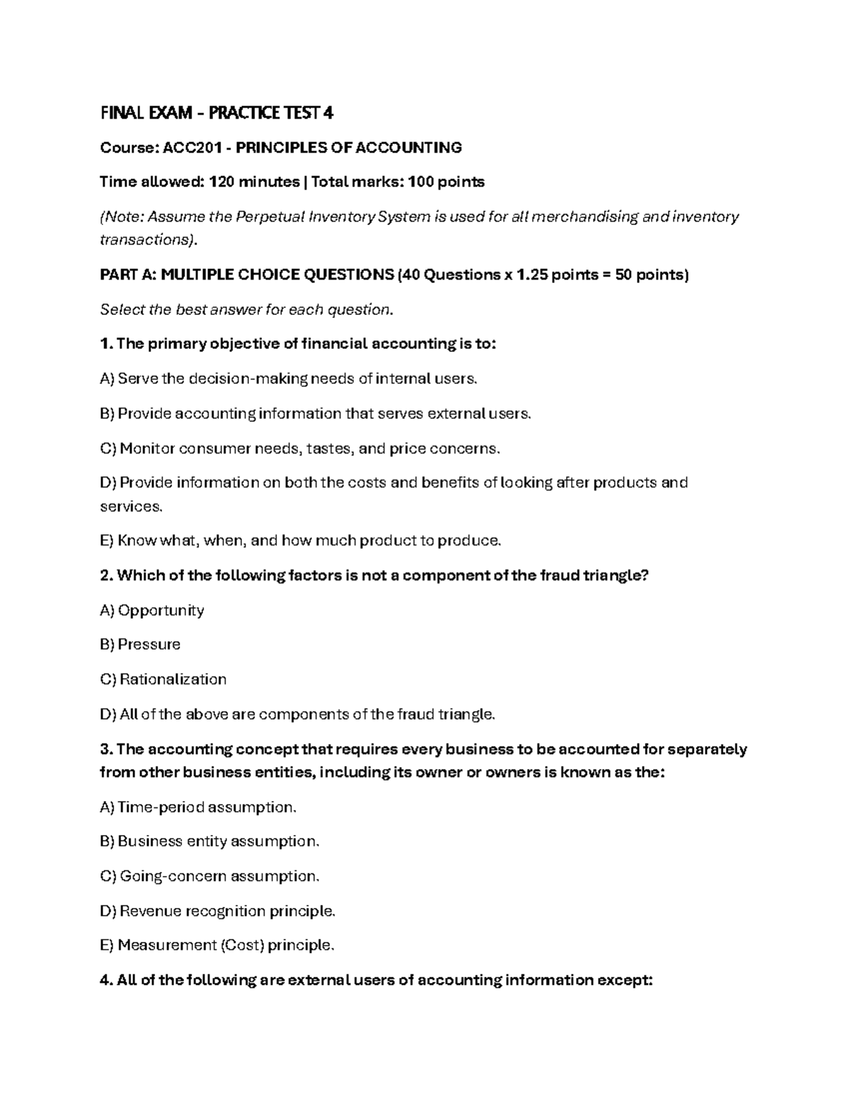 FINAL EXAM PRACTICE TEST 4 - ACC201 PRINCIPLES OF ACCOUNTING - Studocu