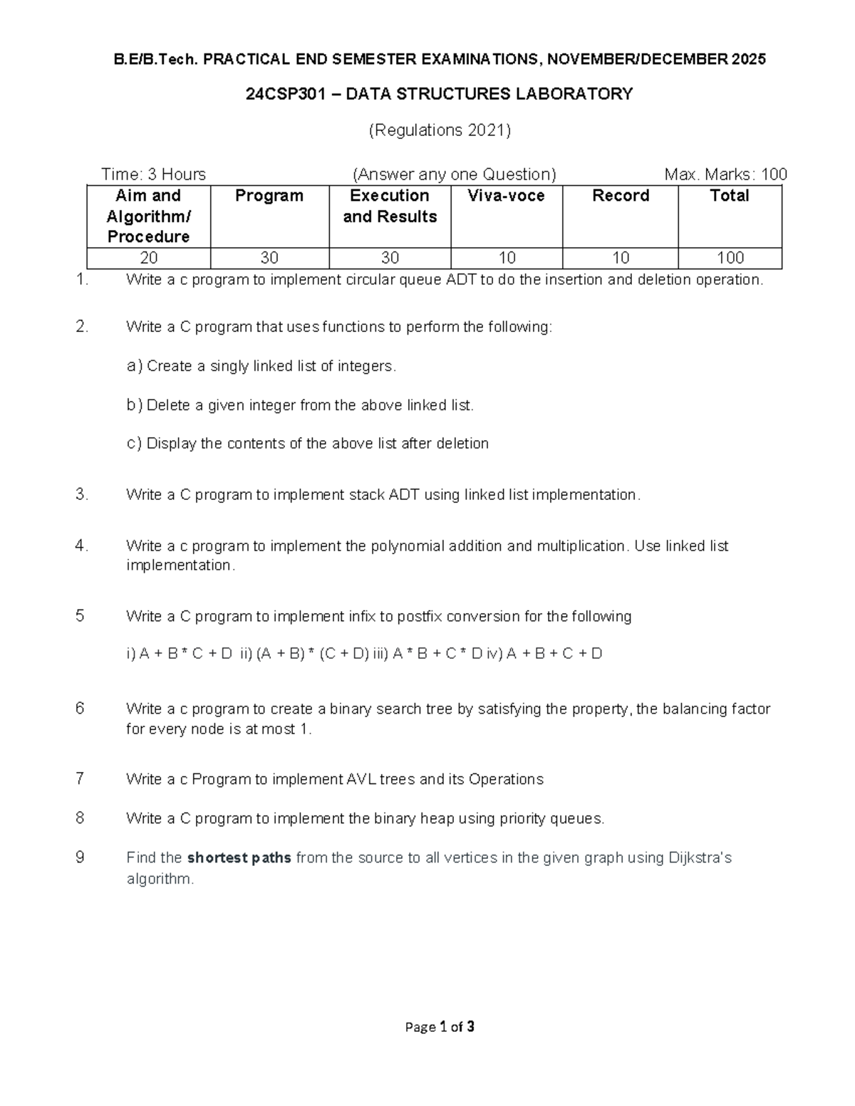 24CSP301 Data Structures Lab: Practical Exam Questions 2025 - Studocu
