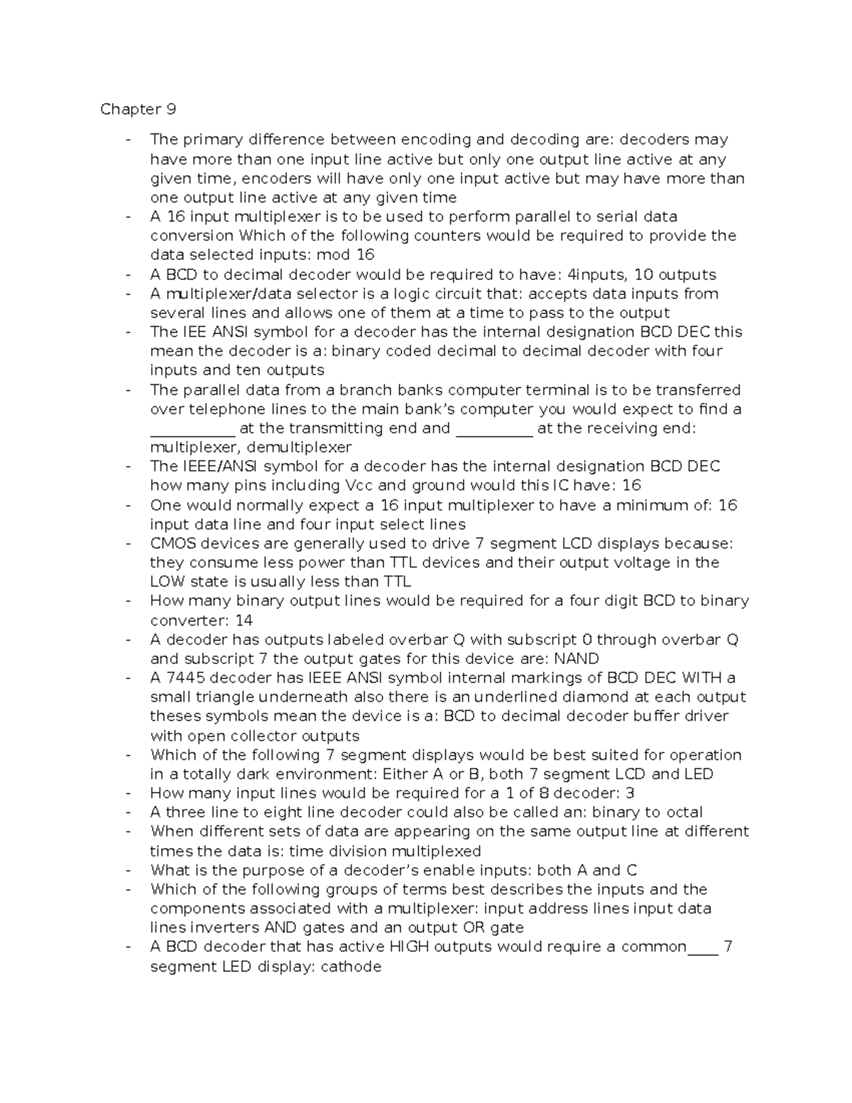 Digital electronics chapter 9&12 test notes - Chapter 9 The primary ...