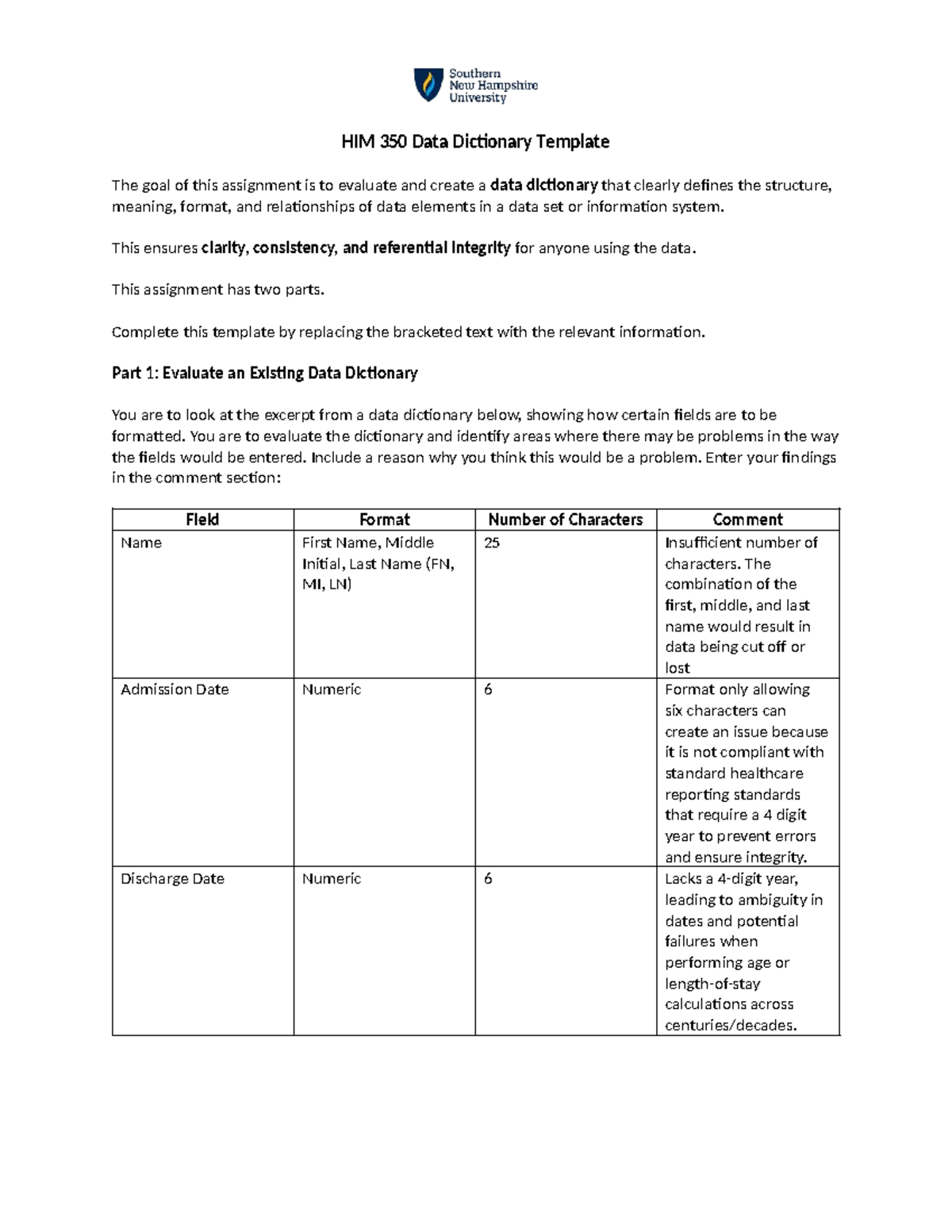 HIM 350 Data Dictionary Evaluation & Creation Template - Studocu