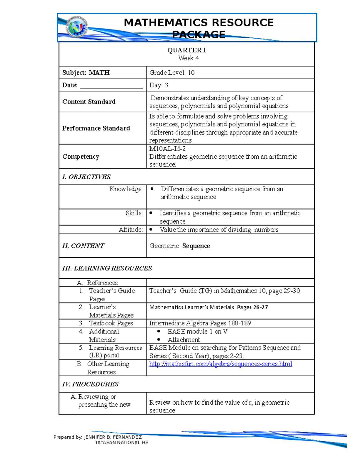 Quarter 1 - Day 3 Final Exam: Geometric Sequence Lesson Plan - Studocu