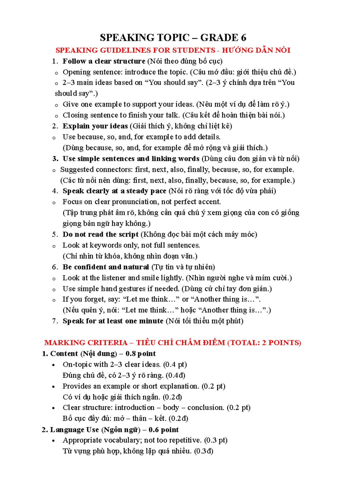 SPEAKING GUIDELINES FOR GRADE 6 - HƯỚNG DẪN NÓI - Studocu