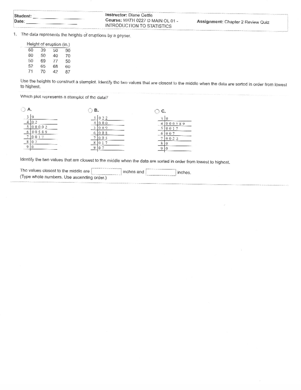 Chapter 2 Review Quiz: Introduction to Statistics (MATH 0227 D) - Studocu