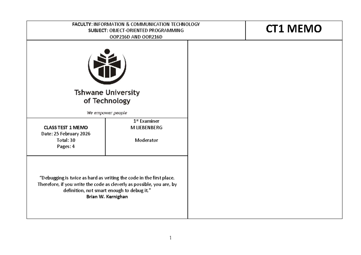 OOP216D OOR216D Class Test 1 Memo - February 2026 - Studocu