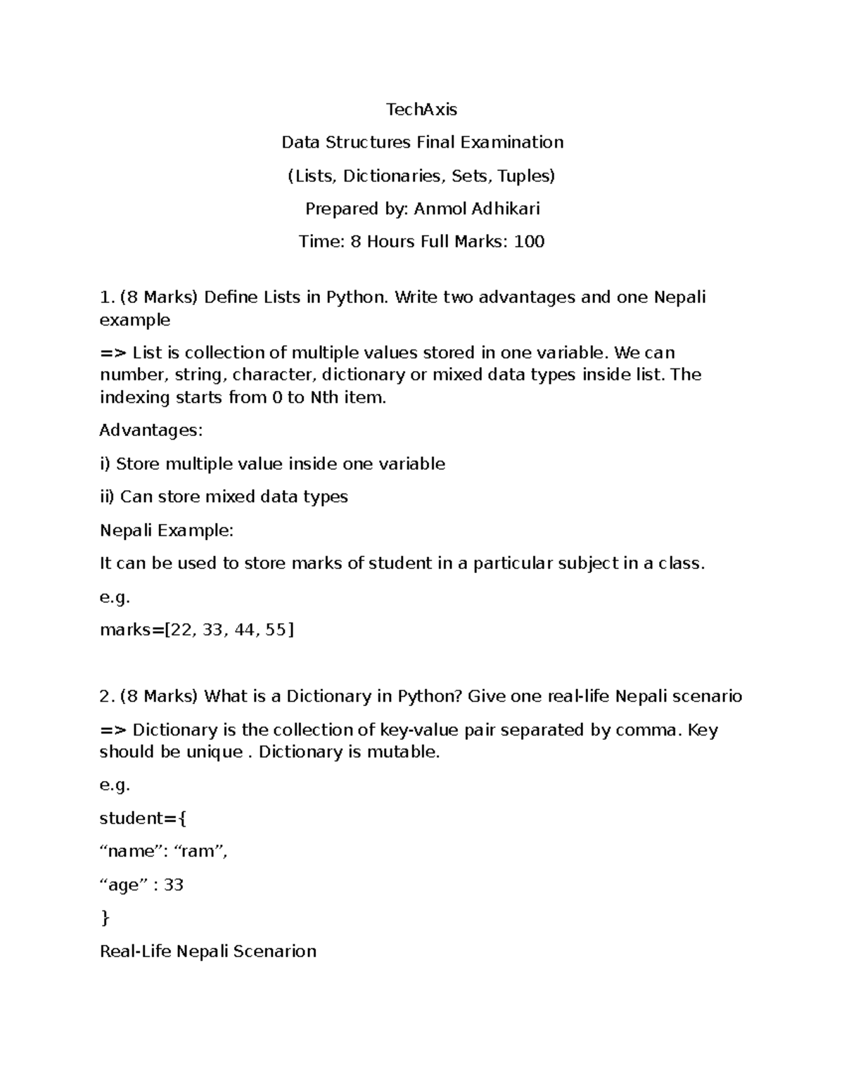 TechAxis Data Structures Final Exam: Lists, Dicts, Sets, Tuples - Studocu