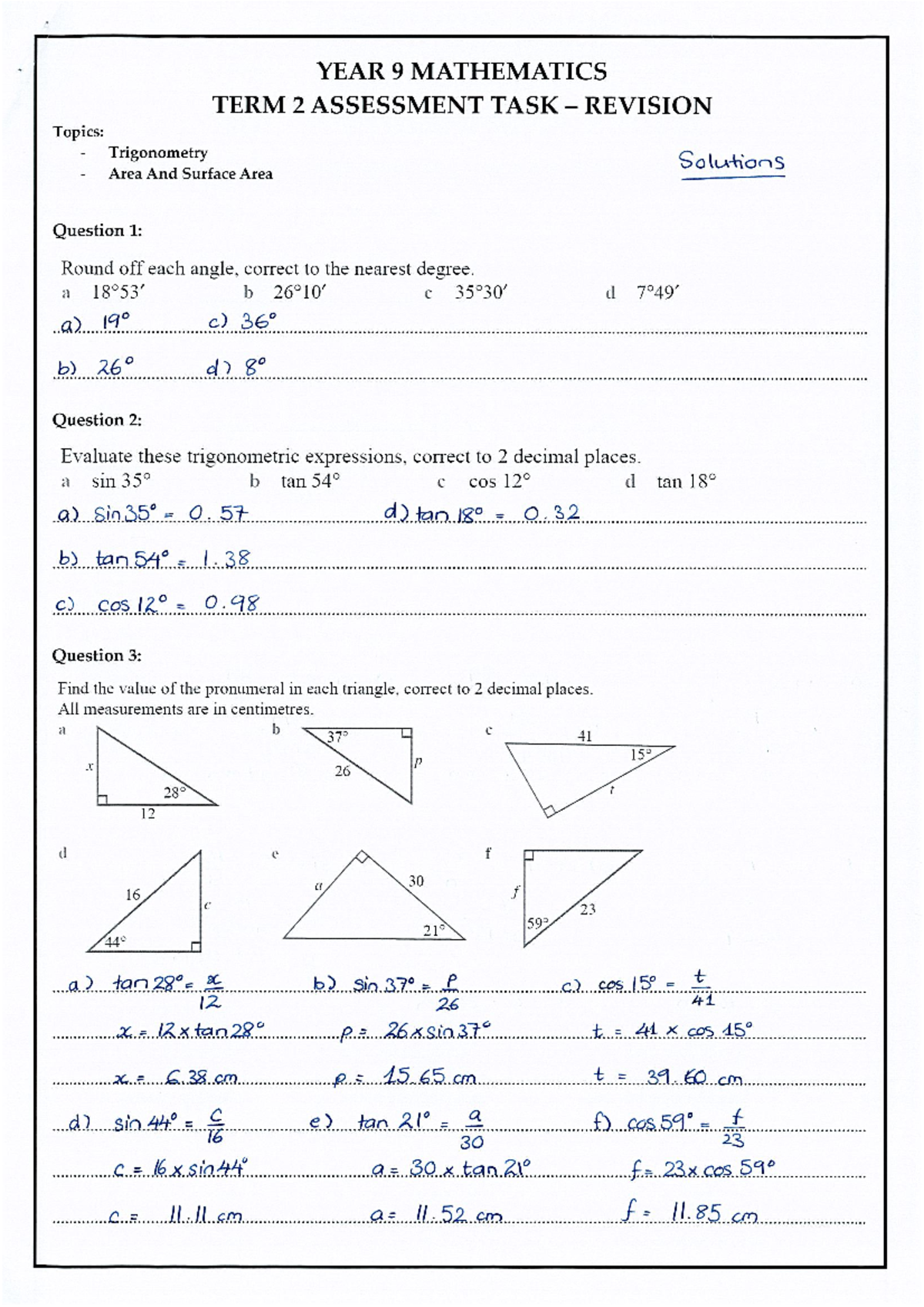 Year 9 Mathematics - Term 2 Assessment Task Revision Solutions - Studocu