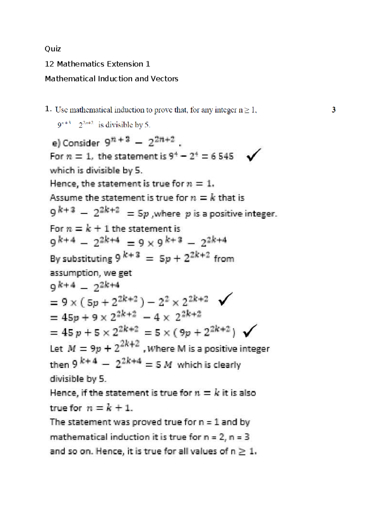 Quiz 2 Vectors and Induction Solutions - PSYC 110 - Quiz 12 Mathematics ...