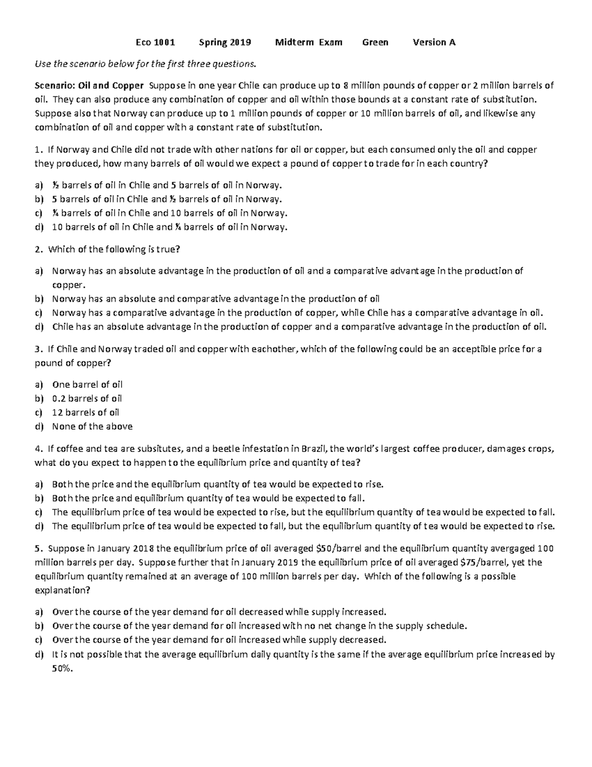 Econ 1001 Spring 2019 Midterm Exam Practice Questions - Studocu