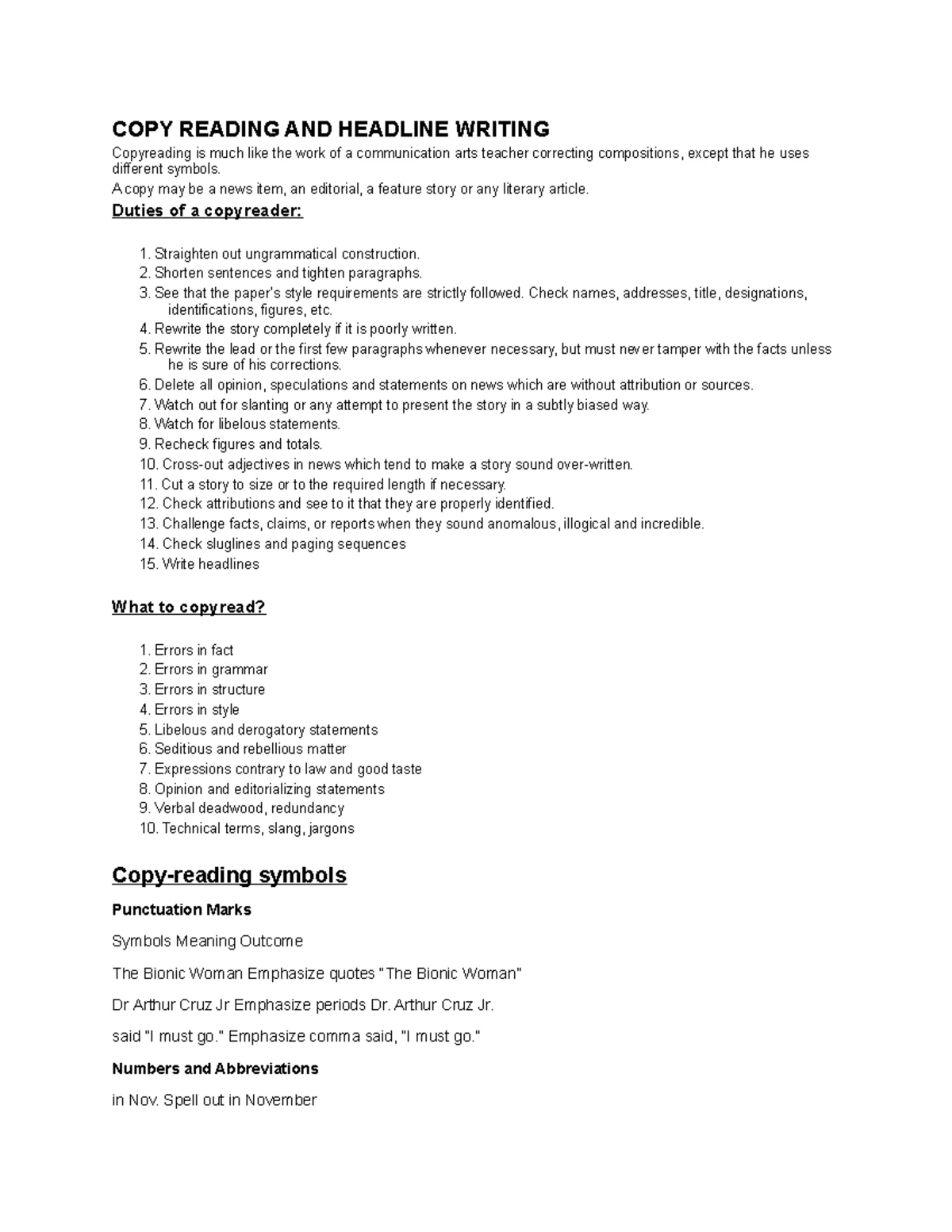 Copy Reading Fact Sheet 3 - COPYREADING AND HEADLINE WRITING Directions ...