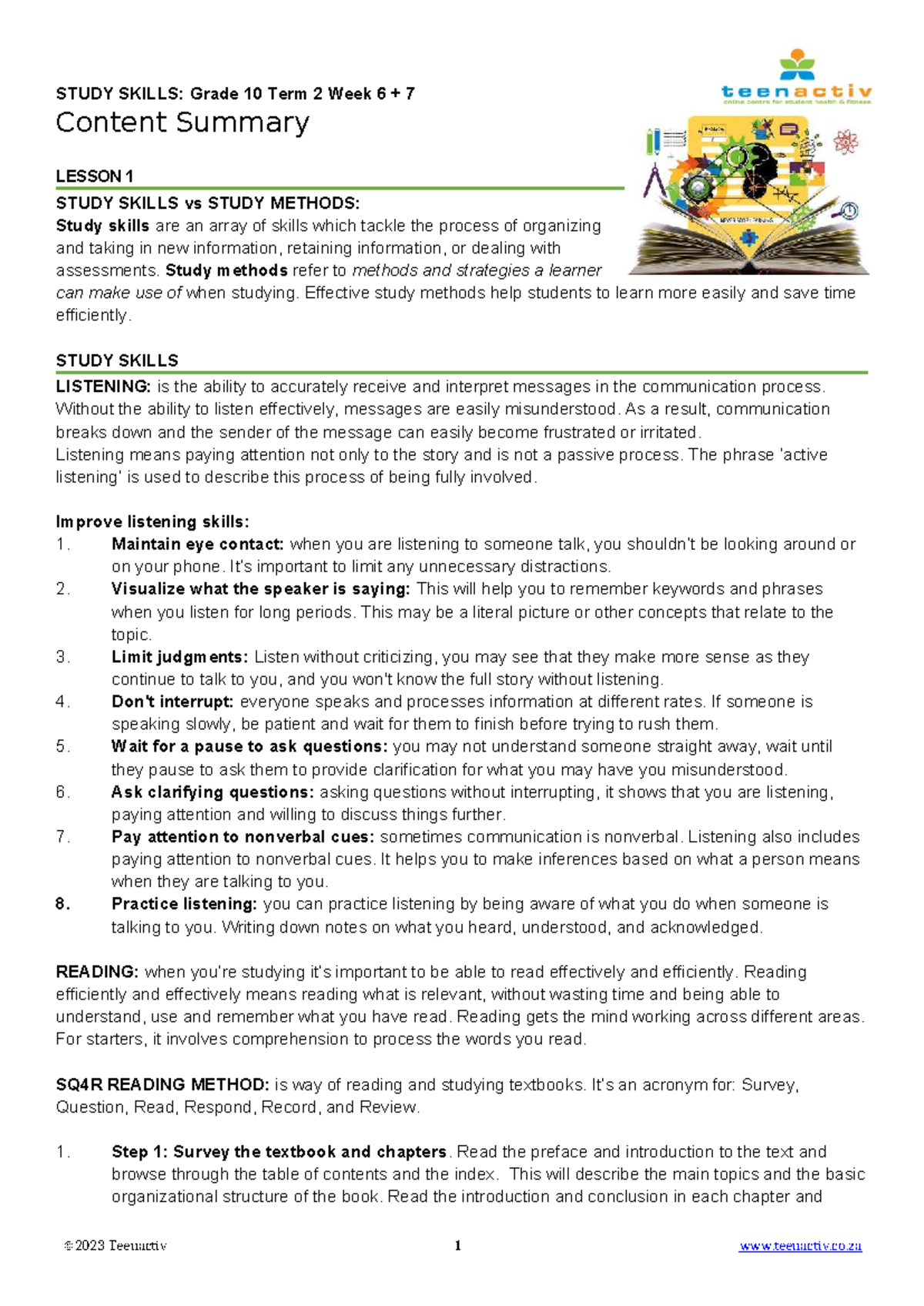 Grade 10 Term 2 Study Skills & Methods: Week 6 Content Summary - Studocu
