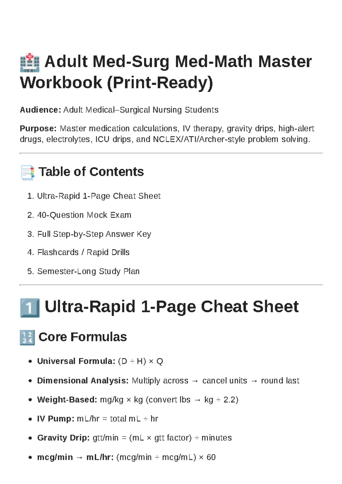 Adult Nursing Medsurg Math Master Workbook: Calculations & IV Therapy ...