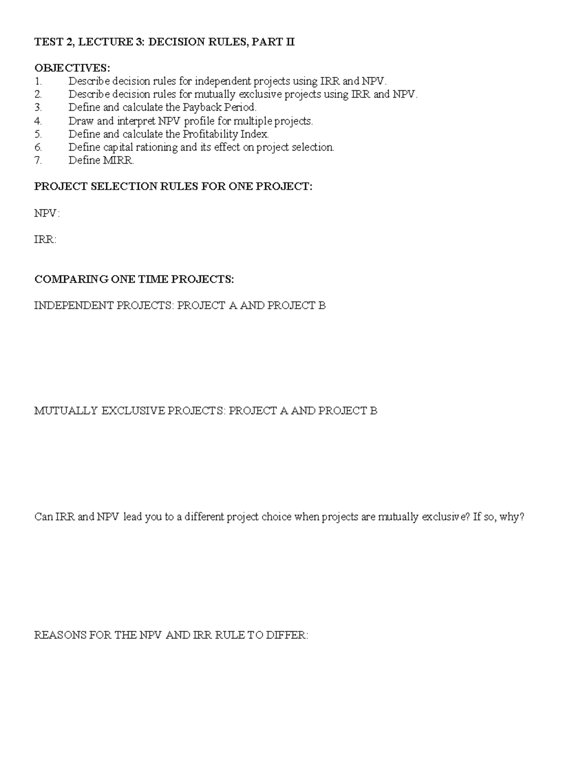 TEST 2, LECTURE 3: DECISION RULES & PROJECT SELECTION NOTES - Studocu