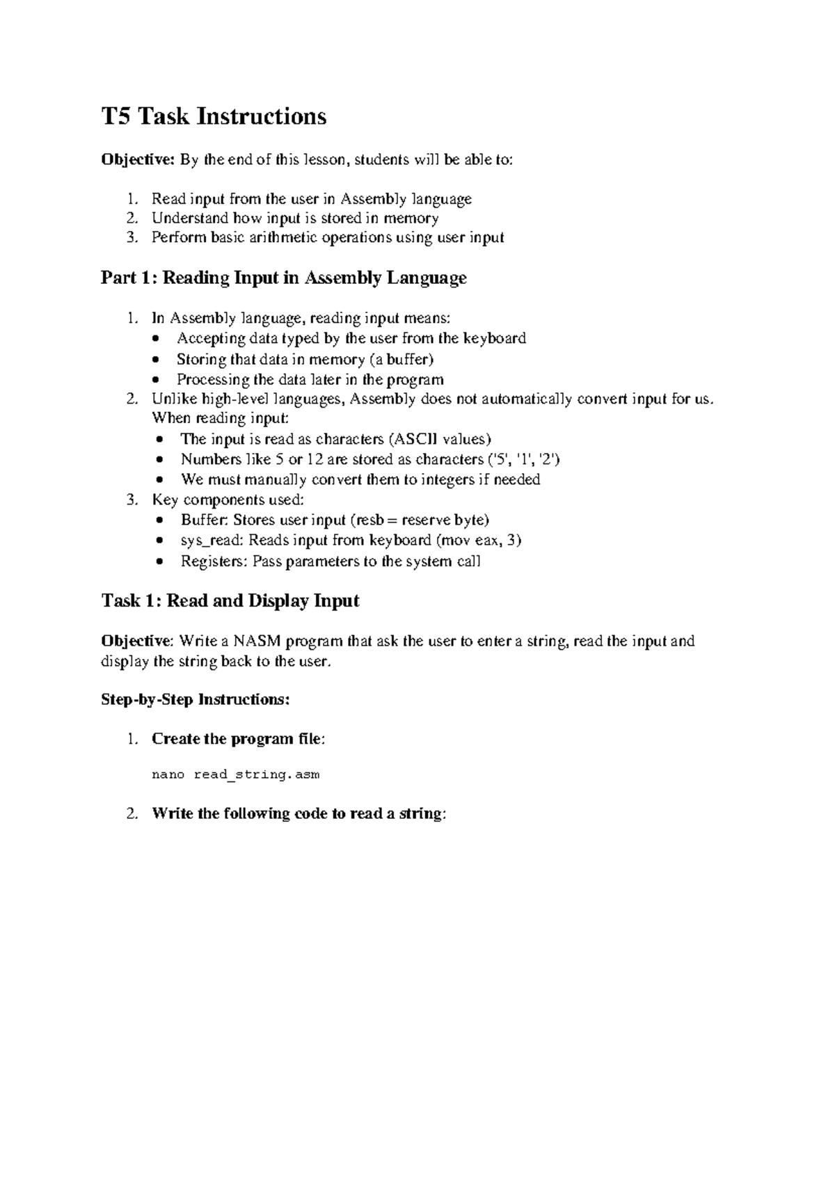 T5 Task Instructions: User Input & Arithmetic in Assembly - Studocu
