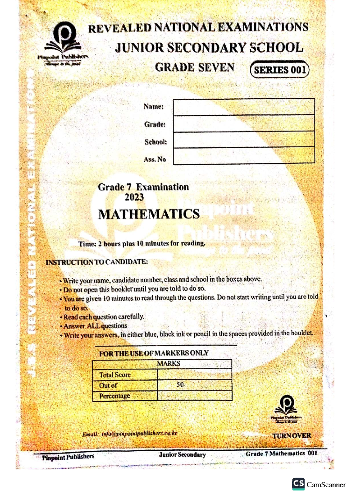 Grade 7 National Mathematics Exam 2023 - Series 001 - Studocu