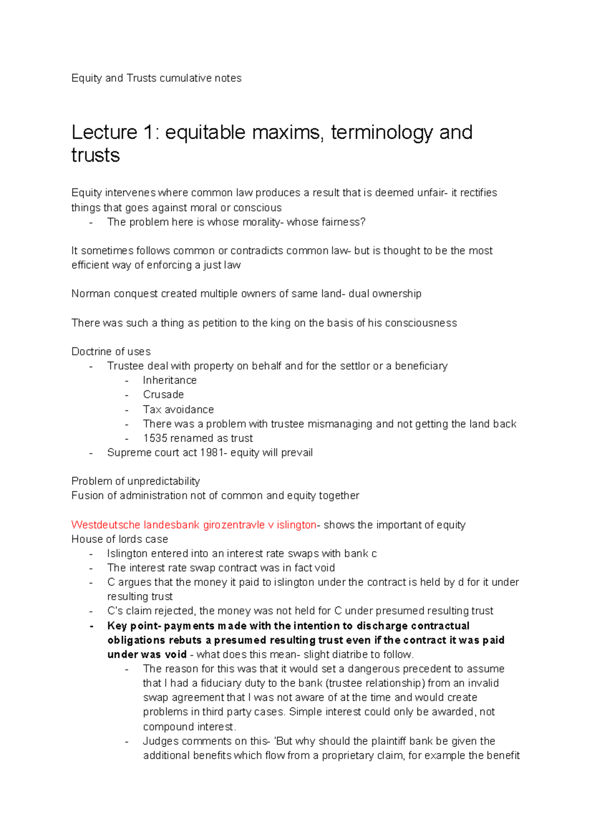 Equity and Trusts Cumulative Notes: Lecture 1 on Equitable Maxims and ...
