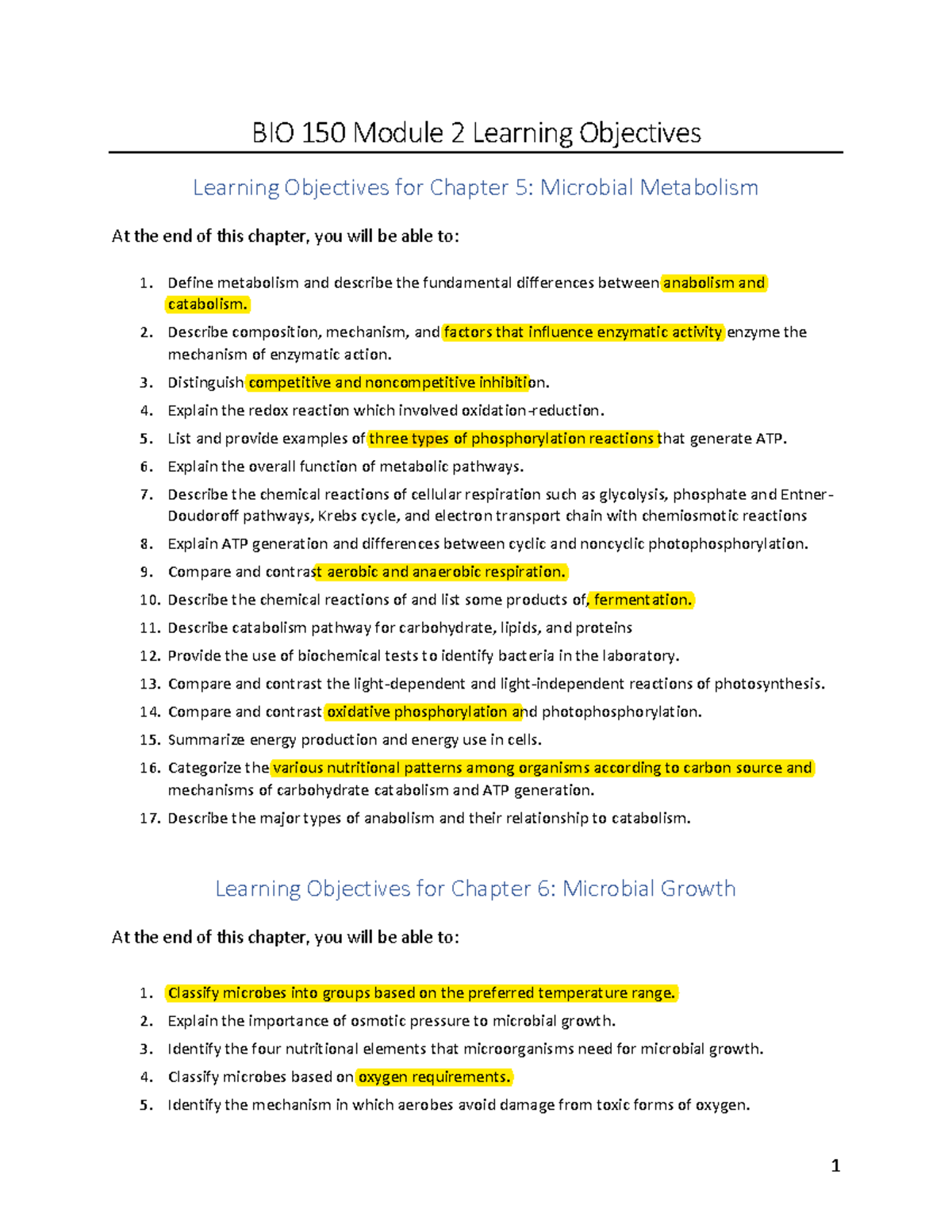 BIO 150 Module 2 Learning Objectives: Microbial Metabolism & Growth ...