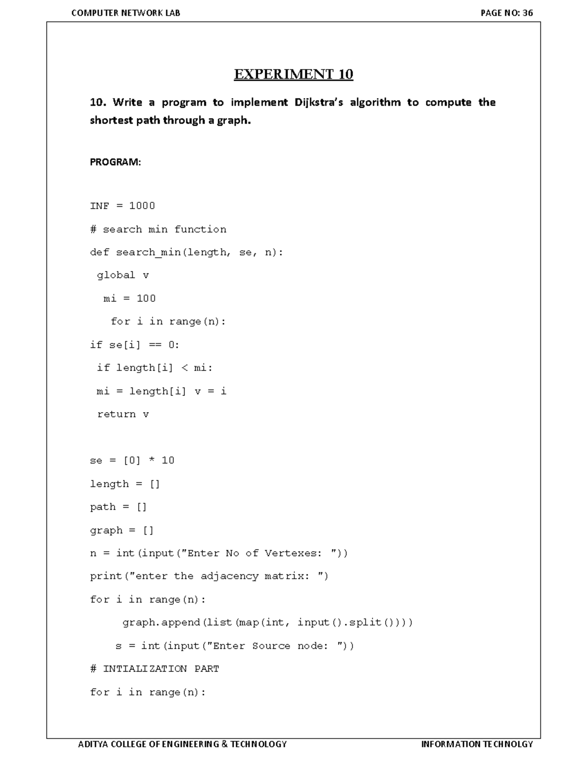 CN IT Computer Network Lab Experiment 10: Shortest Path Algorithm - Studocu