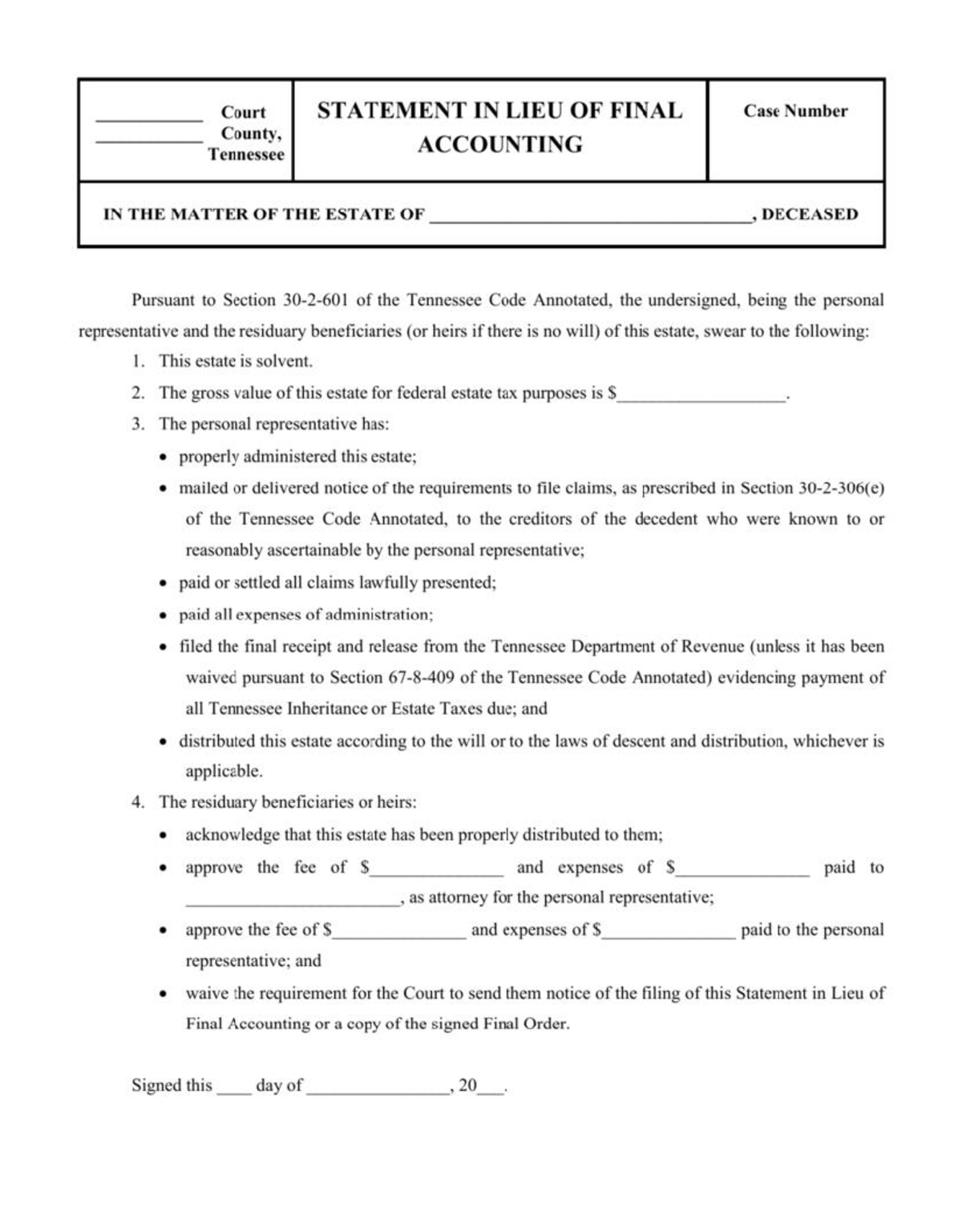 Tennessee Estate Final Accounting Statement - Case No. [Insert Number ...
