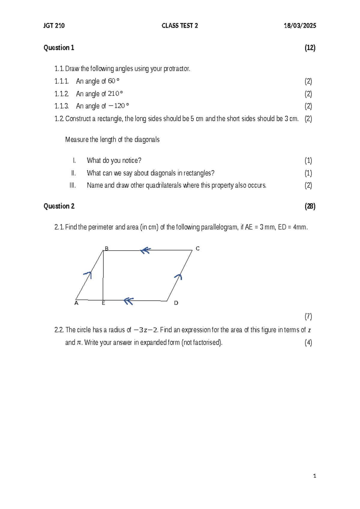 JGT 210 CLASS TEST 2: Geometry and Measurement Questions - Studocu
