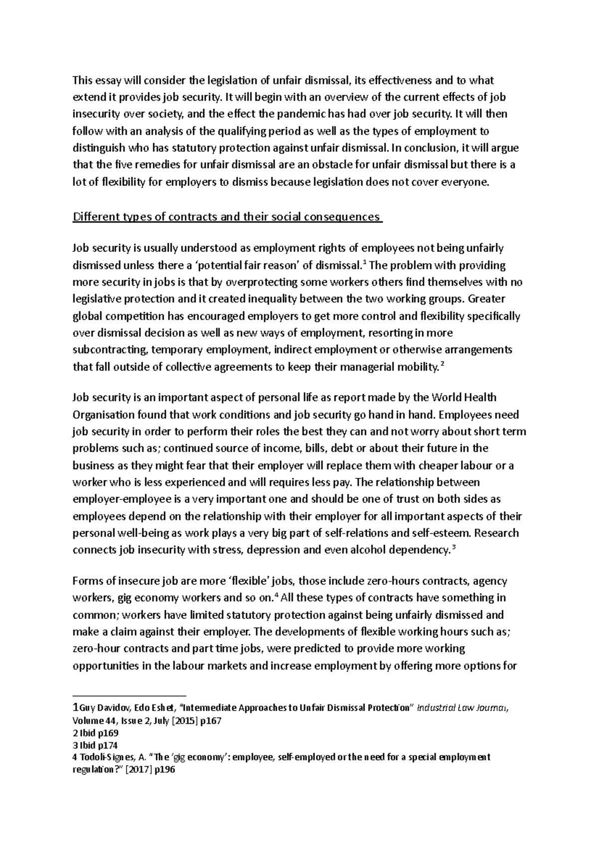 Employment Law Essay (Code: LAW101) - Unfair Dismissal and Job Security ...