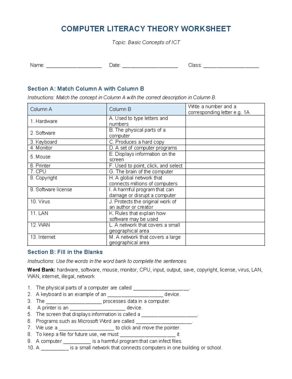 ICT 101: Basics of Computer Literacy Worksheet - Studocu