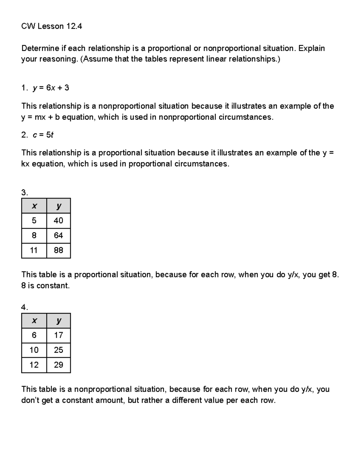 CW Lesson 12.4 Proportional vs Nonproportional Relationships Explained ...