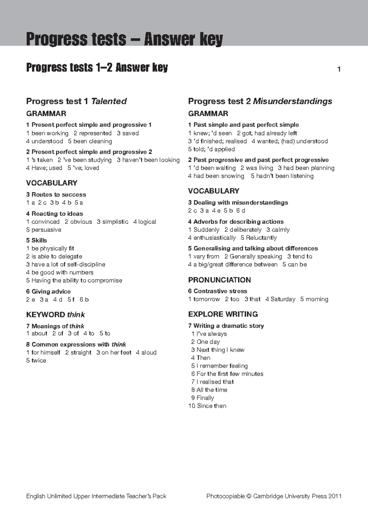 Progress Test Answers for English Unlimited Upper Intermediate - Studocu