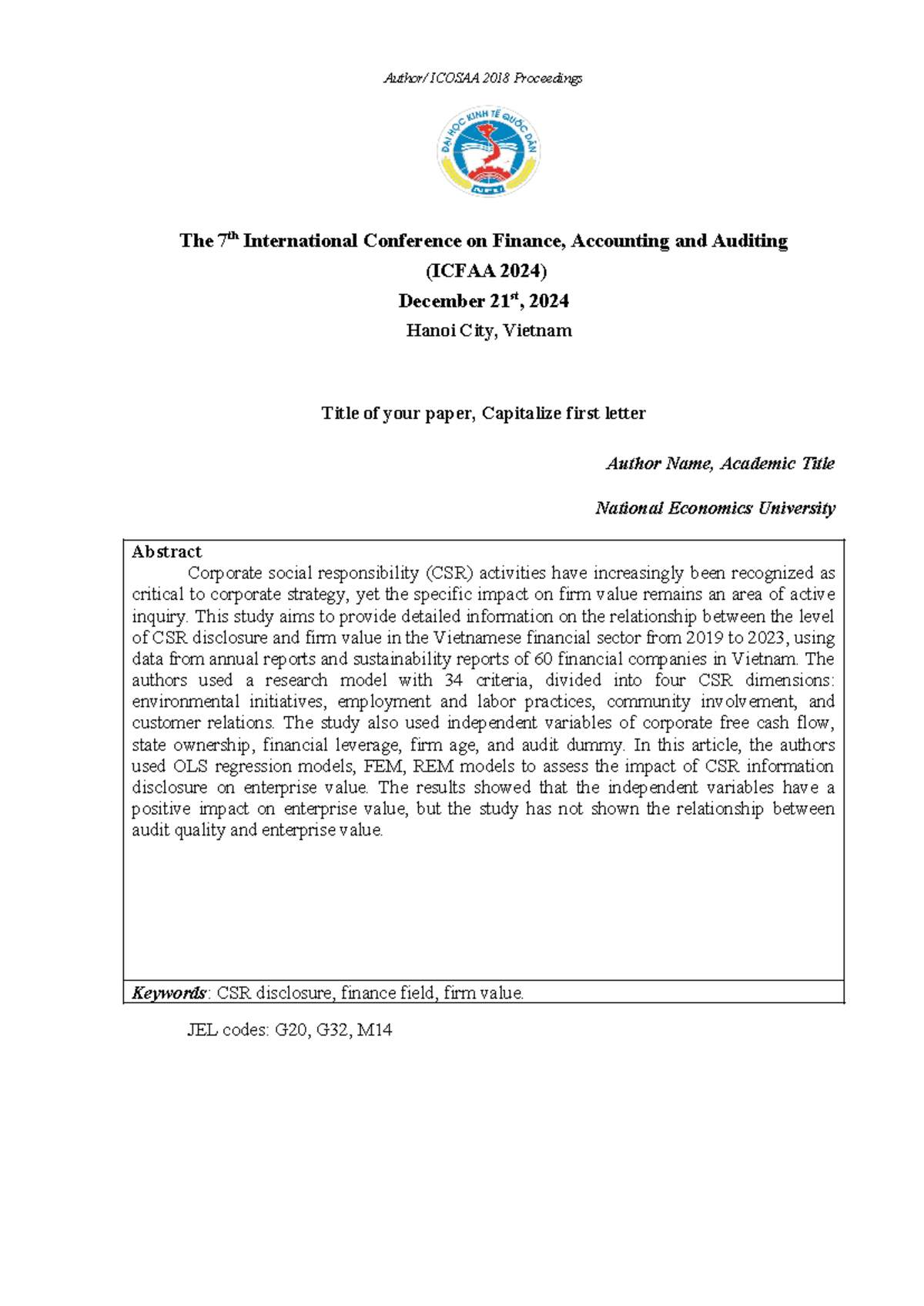 Icfaa 2024 template - tải file - Author/ ICOSAA 2018 Proceedings The 7 ...