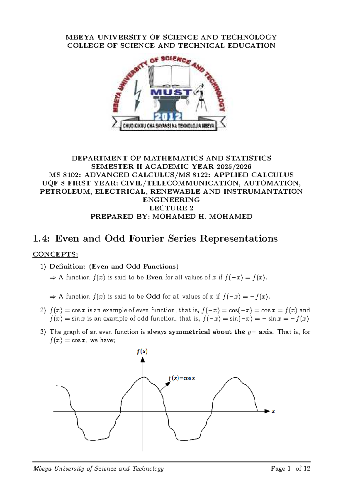 MS 8102: Advanced Calculus Lecture 2 - Fourier Series - Studocu