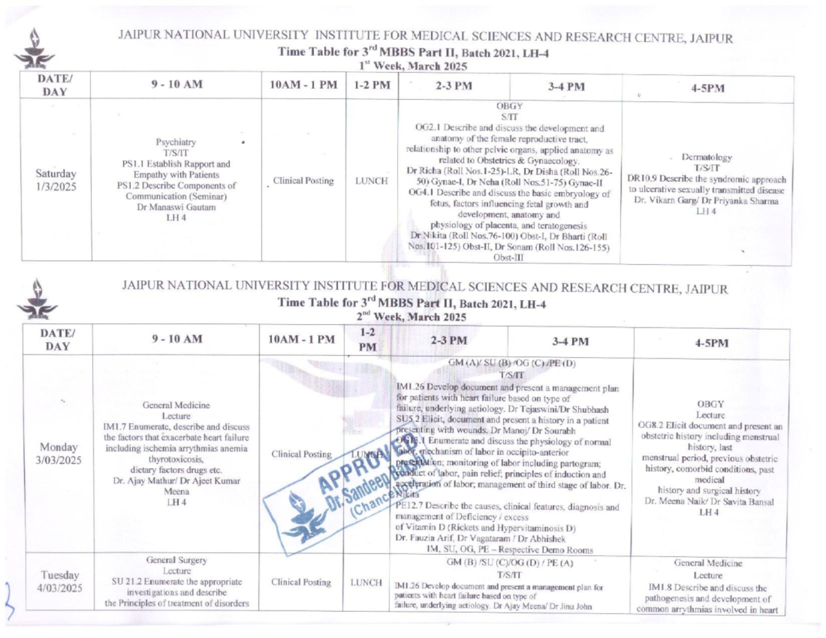 Time Table for 3rd MBBS Part II - Batch 2021: March 2025 Schedule - Studocu