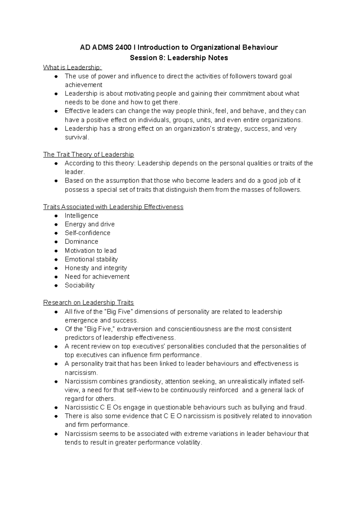 AP ADMS 2400 I Introduction to Organizational Behaviour Session 8 Notes ...