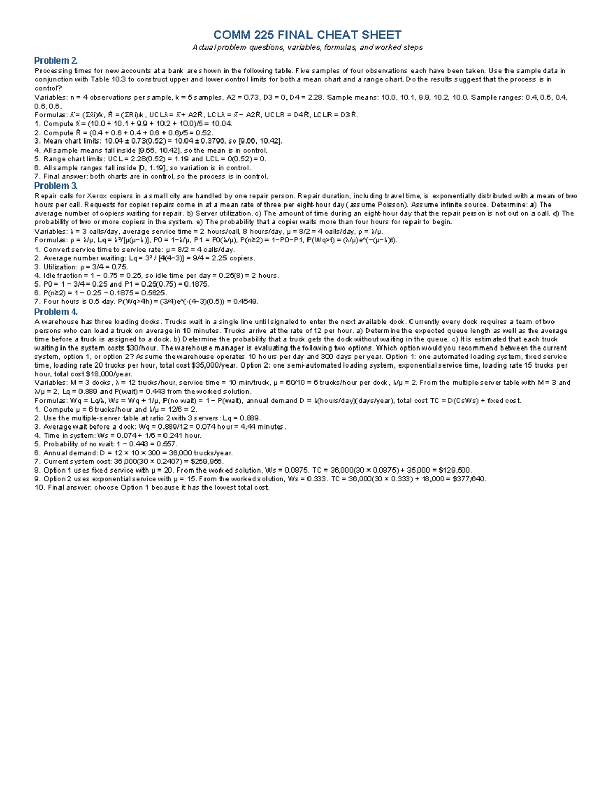 COMM 225 FINAL EXAM CHEAT SHEET: Key Concepts & Formulas - Studocu