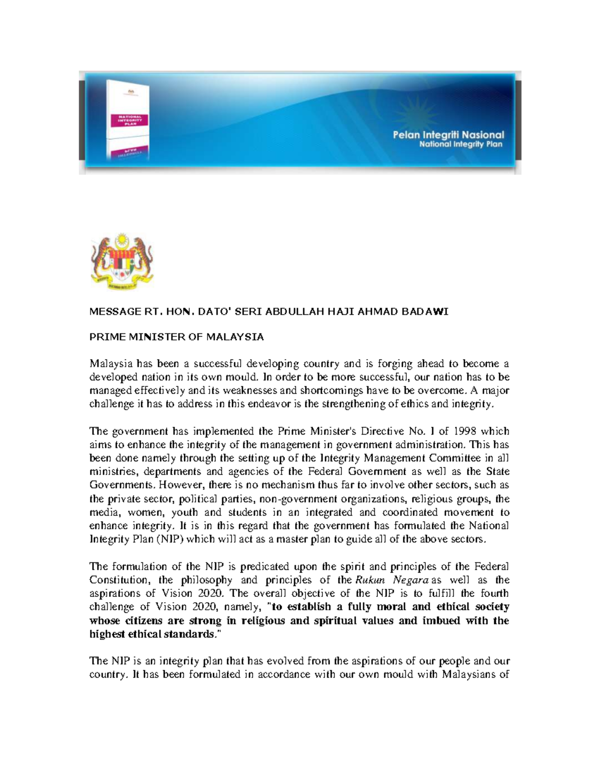 Enhancing National Integrity: The Roadmap of Malaysia's NIP - Studocu
