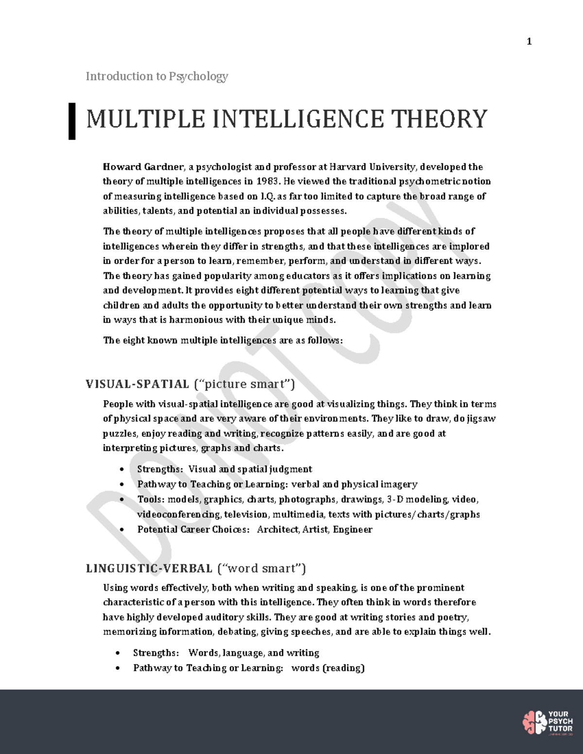Multiple Intelligence Theory - Introduction to Psychology MULTIPLE ...