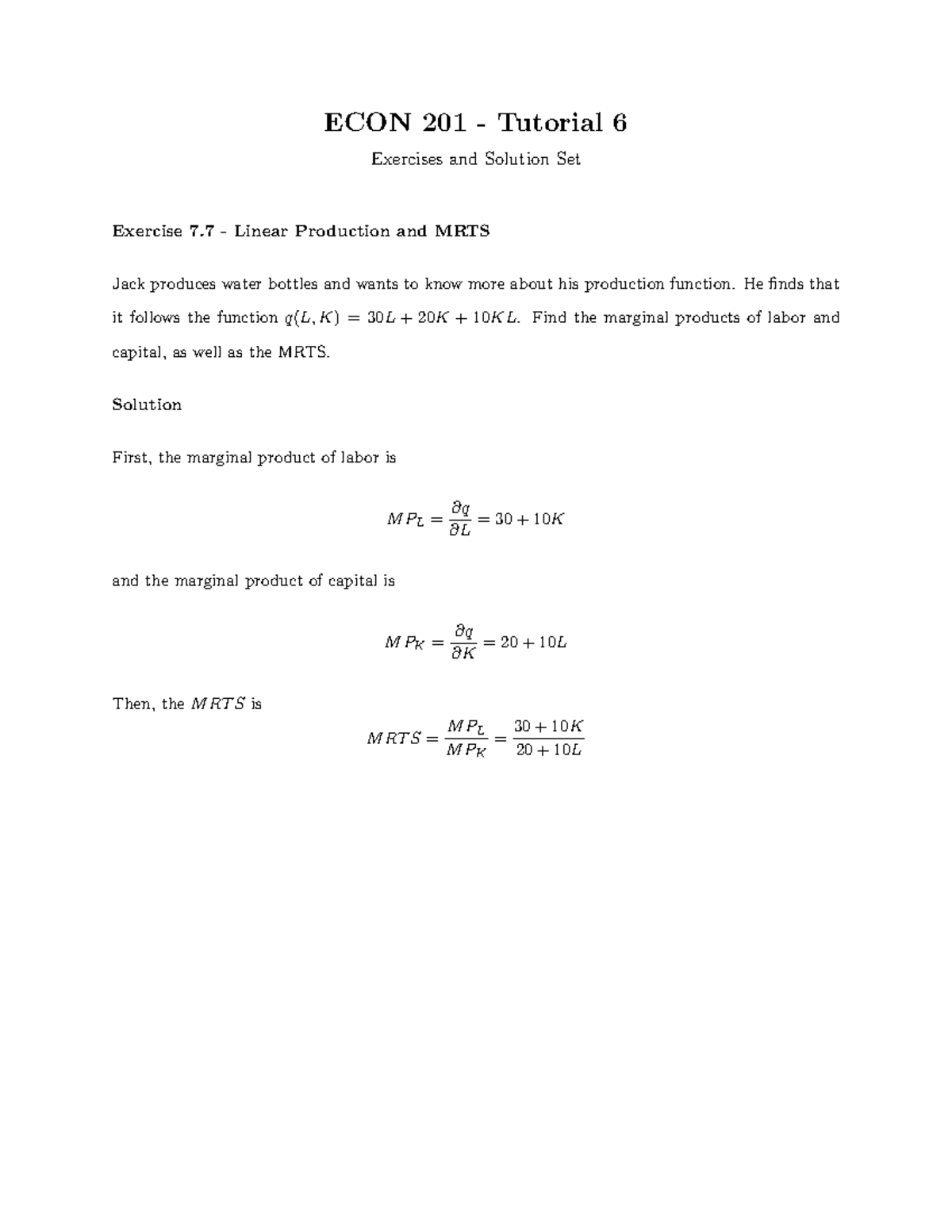 ECON 201 Tutorial 6: Exercises & Solutions on Production Functions ...