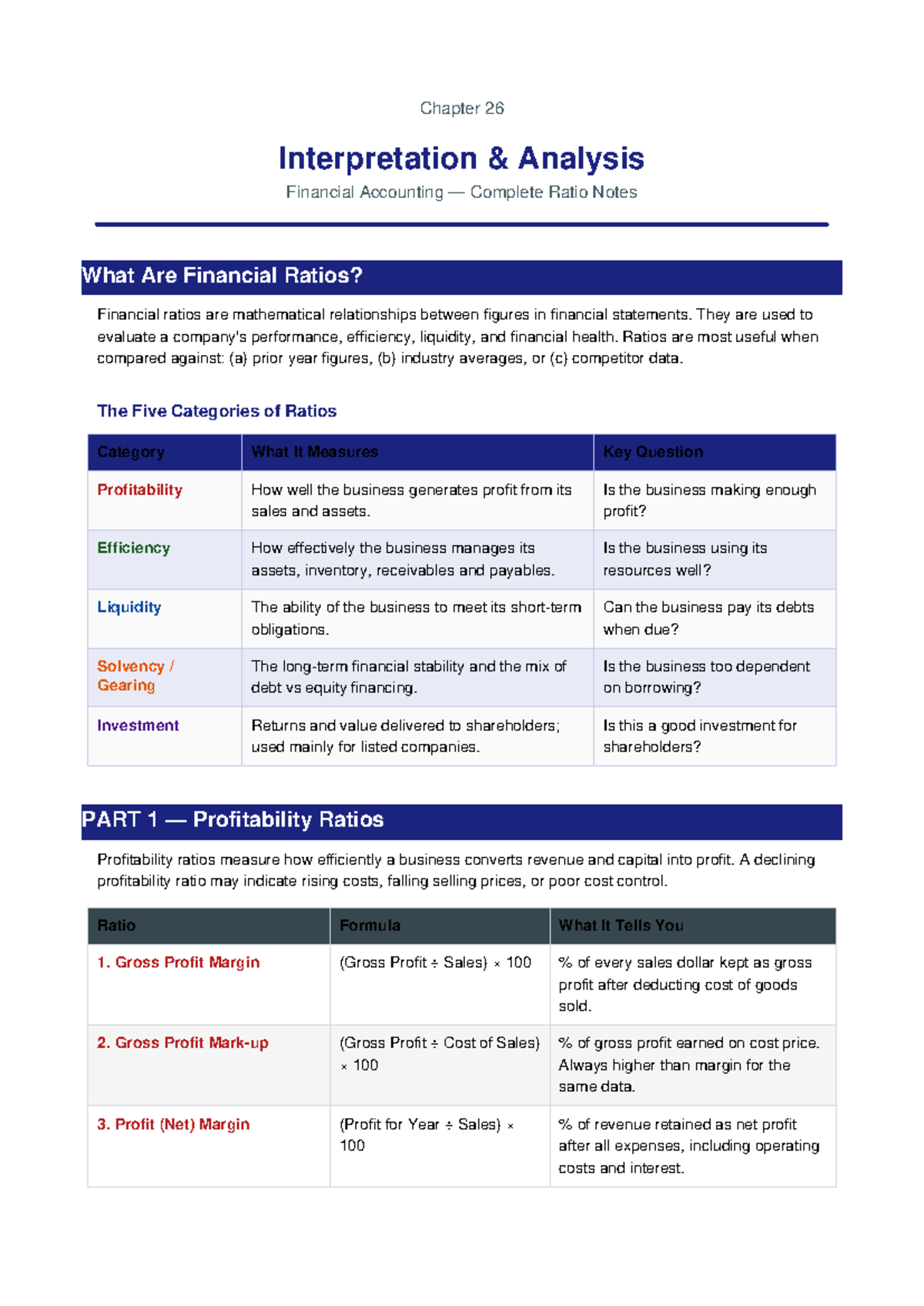 Ch26 Financial Accounting: Complete Ratio Analysis Notes - Studocu