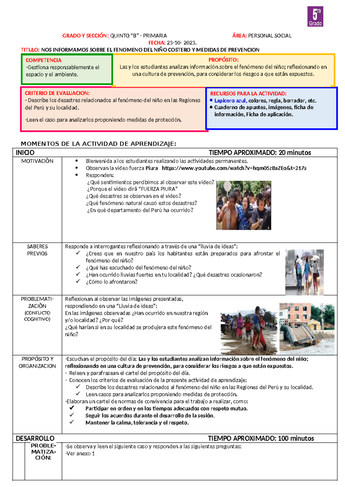 Sesión de Aprendizaje: El Fenómeno del Niño y Medidas de Prevención - Document Preview